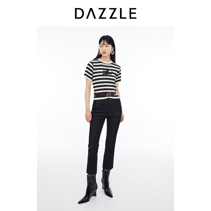 DAZZLE地素 毛针织衫2024夏季女装黑白撞色小鸟条纹短袖上衣 黑色 S