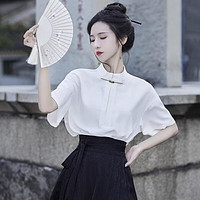 敞裘 配馬面裙的襯衫中國風漢元素改良漢服上衣夏季薄款新中式女裝襯衣 白色襯衫 S