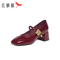 红蜻蜓玛丽珍鞋2024夏季优雅法式小皮鞋粗跟女单鞋 WTB24677红色40