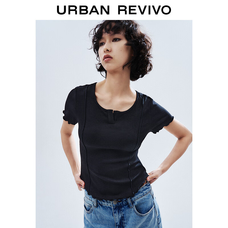 UR【都市趣野】2024夏季女装减龄感木耳边T恤衫UWV440133 正黑 M