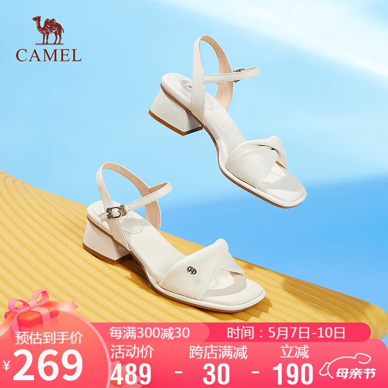骆驼（CAMEL）时装凉鞋女优雅羊皮方头搭扣粗跟凉鞋 L24M051635 米白 36