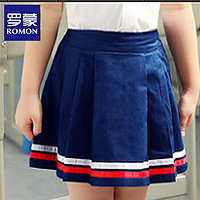 罗蒙女童百褶裙套装儿童学院风季半身短裙大童女孩裙子 藏青色红白条 110cm