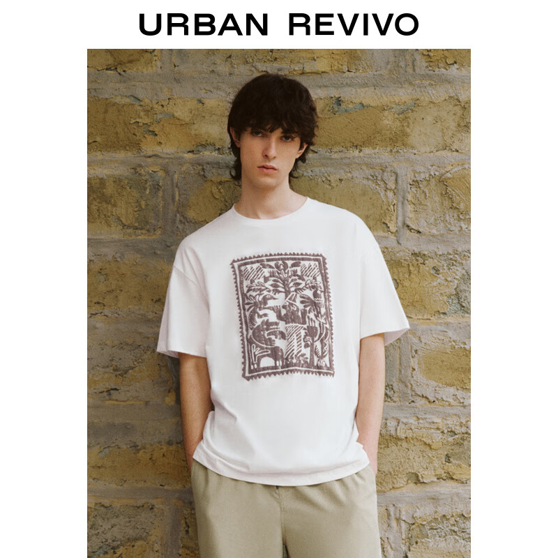 URBAN REVIVO 男士休闲撞色印花棉质短袖T恤 UML440061 本白 S