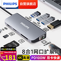 PHILIPS 飛利浦 Type-C擴展塢RJ45接口轉換器雷電4拓展塢USB-C3.0分線器轉接頭HDMI/VGA 八合一（HDMI+3USB+網口+SD/TF+PD