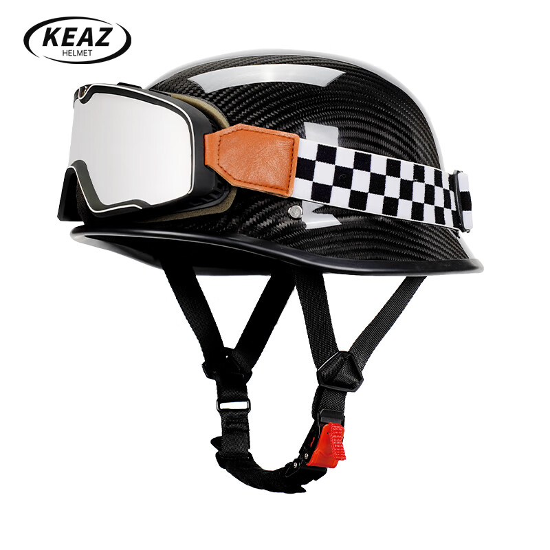 KEAZ摩托车头盔碳纤维夏季复古半盔德式M35大兵盔男女巡航机车钢盔 碳纤维亮黑+大框风镜 L（59-60cm）