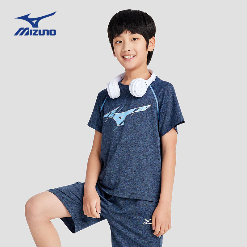 美津浓（MIZUNO）儿童短袖T恤宽松弹力时尚2024年夏季男女中大童 灰蓝色 120cm