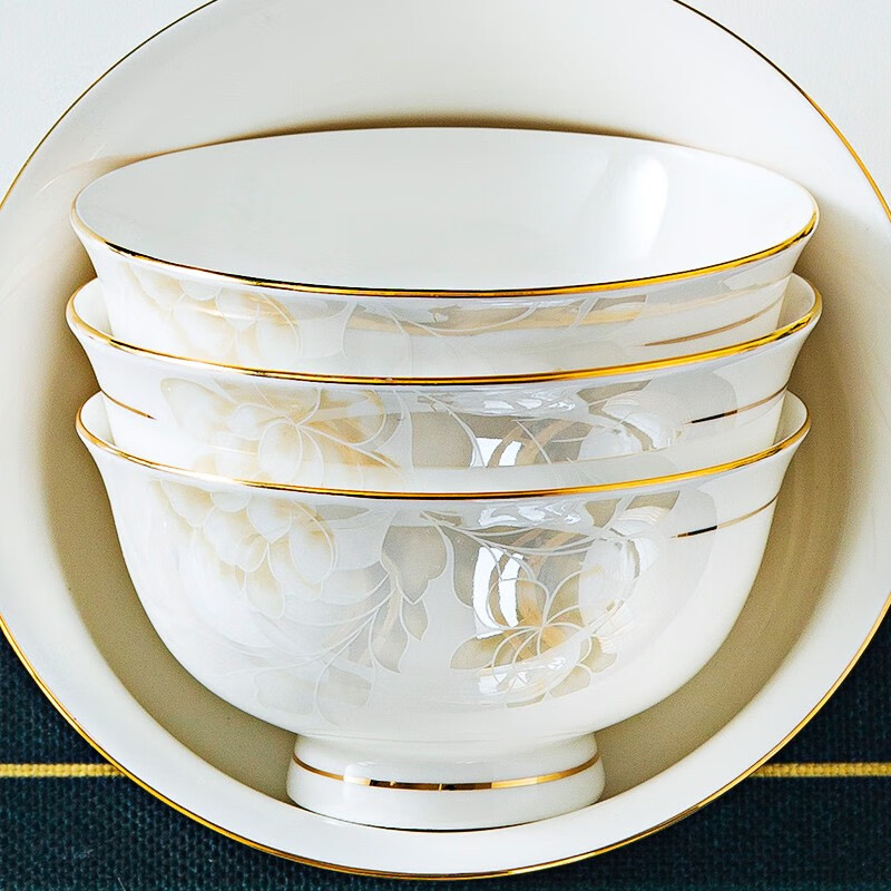 红牡丹 陶瓷金边米饭碗轻奢面碗汤碗家用景德镇餐具中式碗组合 一季花开描金4.5英寸高脚碗10个