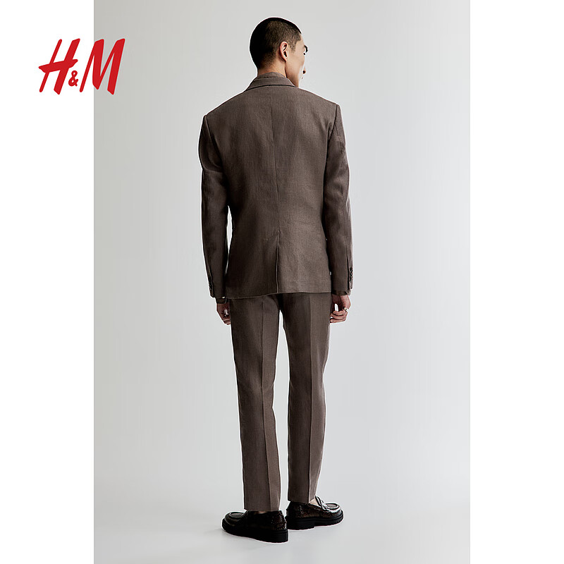 H&M男装西服2024夏季亚麻修身单排扣商务通勤外套0783354 深米色 175/100A