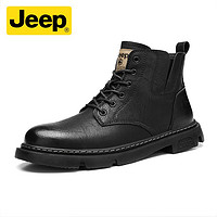 Jeep 吉普 男靴馬丁靴2024新款男士短靴英倫風皮靴秋冬時尚加絨保暖棉靴 黑色 39 （標準運動鞋碼）