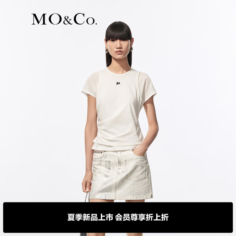 MO&Co.2024夏【凉感棉】假两件捏褶收腰短袖T恤MBD2TEET54 漂白色 M/165