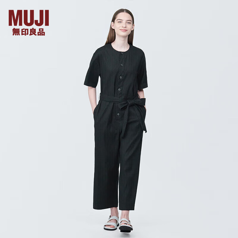 无印良品（MUJI）女式  麻混 弹力 连体裤 裤子女款  BC2J9C4S 黑色 S (155/80A)