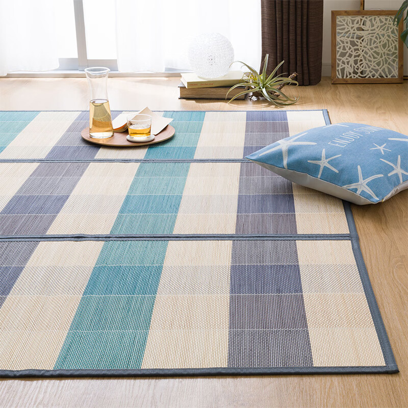 NITORI宜得利家居 客厅茶几毯日式卧室床边毯子竹地毯 条纹 蓝色180x240