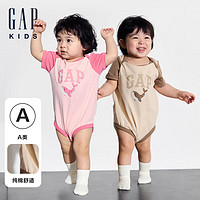 Gap婴儿2024夏季纯棉印花撞色短袖连体衣儿童装包屁衣505609 卡其色 80cm (9-18月) 亚洲尺码