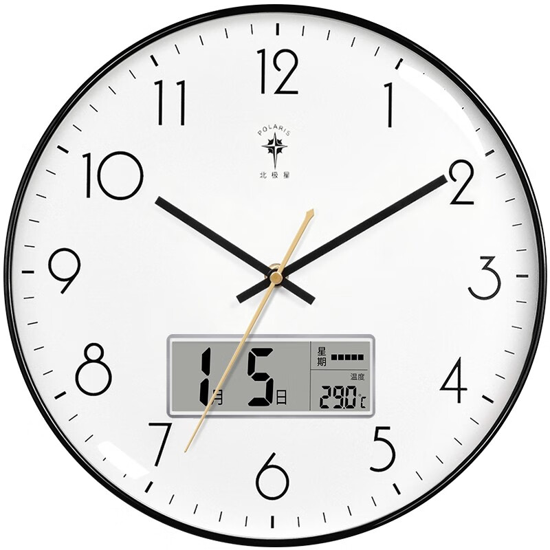 北极星（POLARIS）挂钟客厅家用现代钟表简约挂墙石英钟挂表时钟带日历 黑色日历款 14英寸 (35cm)