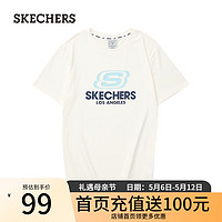 斯凯奇（Skechers）夏季t恤男女同款经典大LOGO潮流透气休闲套头短袖上衣L122U199 棉花糖白/0074 S