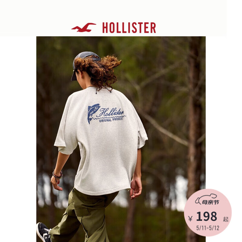 HOLLISTER24夏美式印花宽松短袖T恤男女装KI322-4087 浅麻灰色 XL (180/116A)