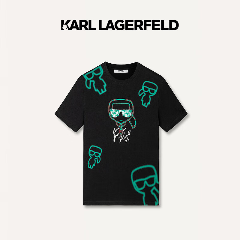 Karl Lagerfeld卡尔拉格斐轻奢老佛爷男装 24夏款KLlogo钉珠印花休闲短袖T恤 黑色 54