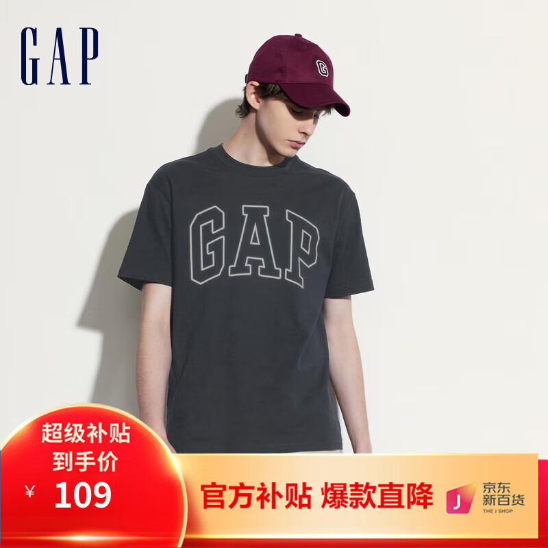 Gap男装2024夏撞色logo圆领短袖T恤纯棉上衣544465 黑灰色 175/96A(L) 亚洲尺码