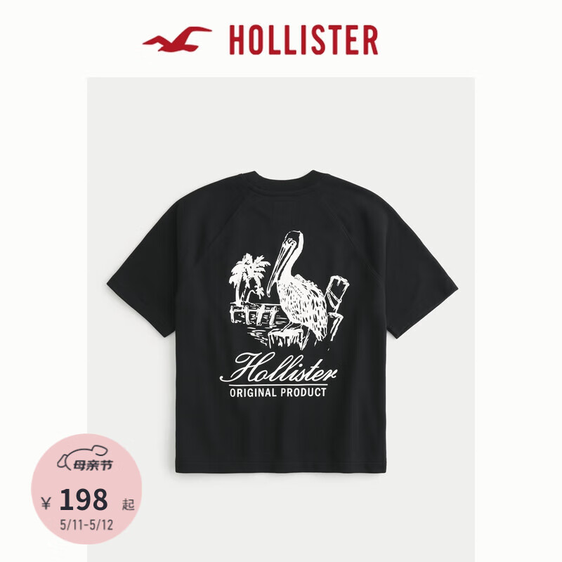 HOLLISTER24夏美式印花宽松短袖T恤男女装KI322-4087 黑色 XXL (185/124A)