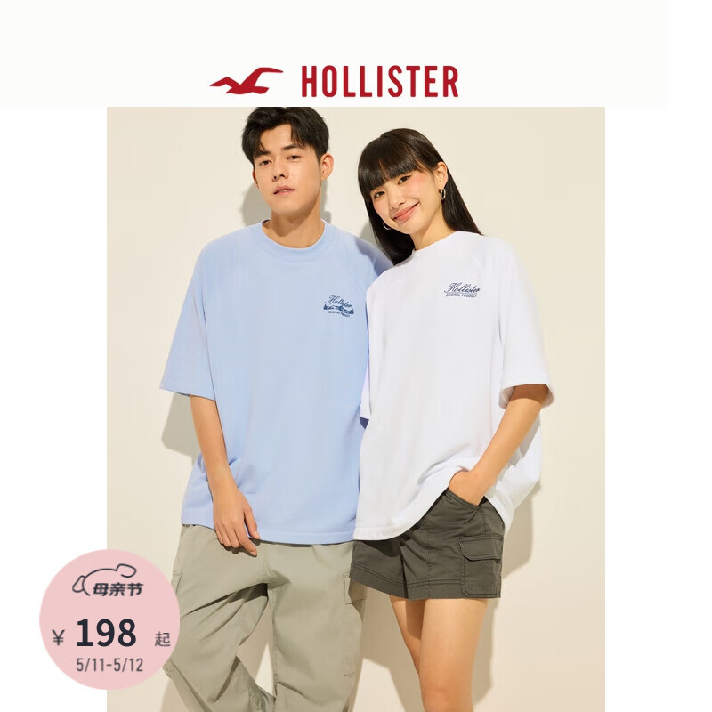 HOLLISTER24夏美式印花宽松短袖T恤男女装KI322-4087 浅蓝色 M (180/100A)