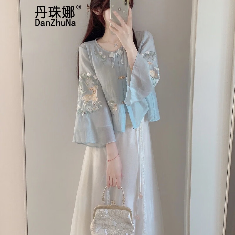 丹珠娜（DanZhuNa）新中式连衣裙女装2024夏季国风套装绝美汉服改良版长裙子夏天 蓝色上衣+白色裙子 L