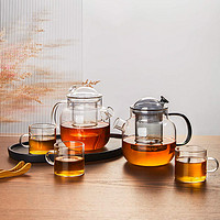 pinztea 耐高溫煮茶燒水簡約玻璃泡茶壺青灰色1壺3杯