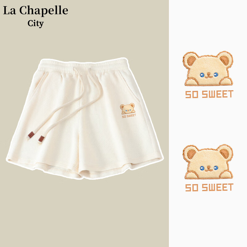 La Chapelle City拉夏贝尔黑色休闲短裤可爱甜系2024夏季显高印花宽松女装 杏-蓝眼小熊K M
