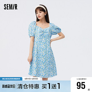 Semir 森马 连衣裙女方领泡泡袖碎花裙小清新夏季法式浪漫雪纺裙优雅气质