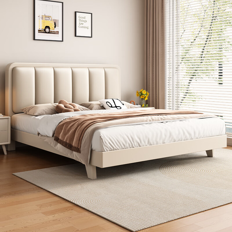 峰谦白色实木软包床简约现代1.8米双人床主卧软靠小户型1.5*2米单人床 床+抗菌防螨弹簧垫 1.8*2米框架结构
