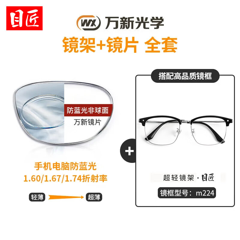 目匠眼镜近视 防蓝光防辐射万新镜片钛架男款可配度数非球面 【板材+金属镜架】m224黑银 万新1.60防蓝光0-800°