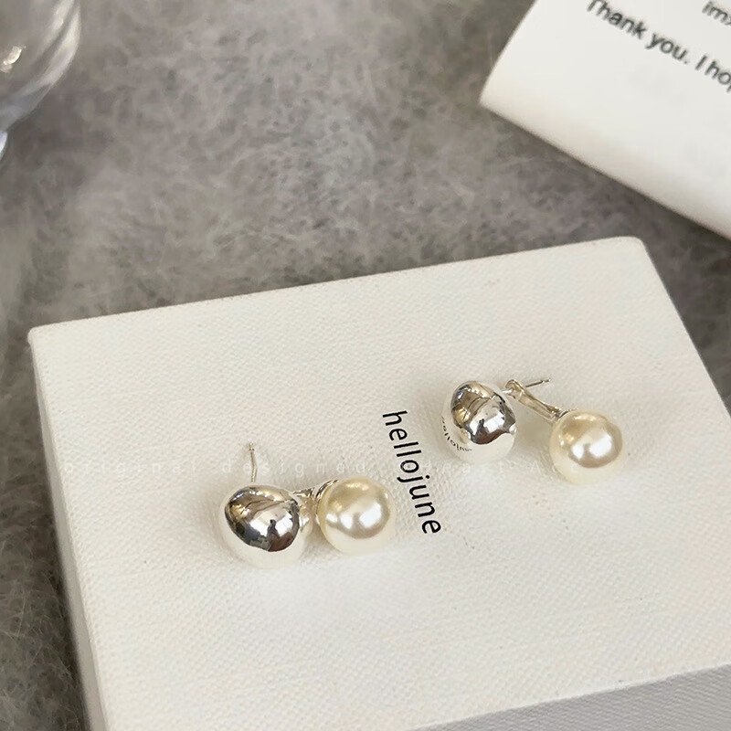 Trendolla金银豆豆后挂式珍珠耳环女设计感一款两戴耳钉简约耳饰品 银色圆球珍珠耳环
