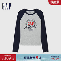 Gap女装2024夏季logo花边撞色插肩袖T恤女友T长袖上衣A00727 灰色 175/92A (XL) 亚洲尺码