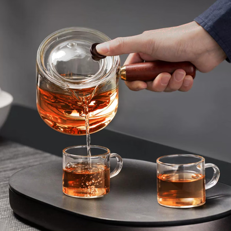 古朴堂耐热玻璃茶杯彩色6只家用带把小茶杯待客透明品茗杯花茶杯水杯 茶壶550ml+2只杯子（颜色）