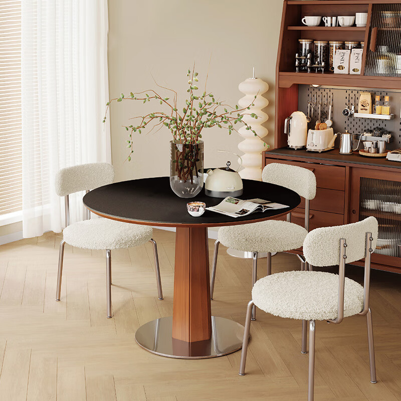 掌上明珠家居（M&Z）岩板餐桌小户型实木圆桌中古风餐厅饭桌椅组合家具 单餐桌 1.1米 圆桌