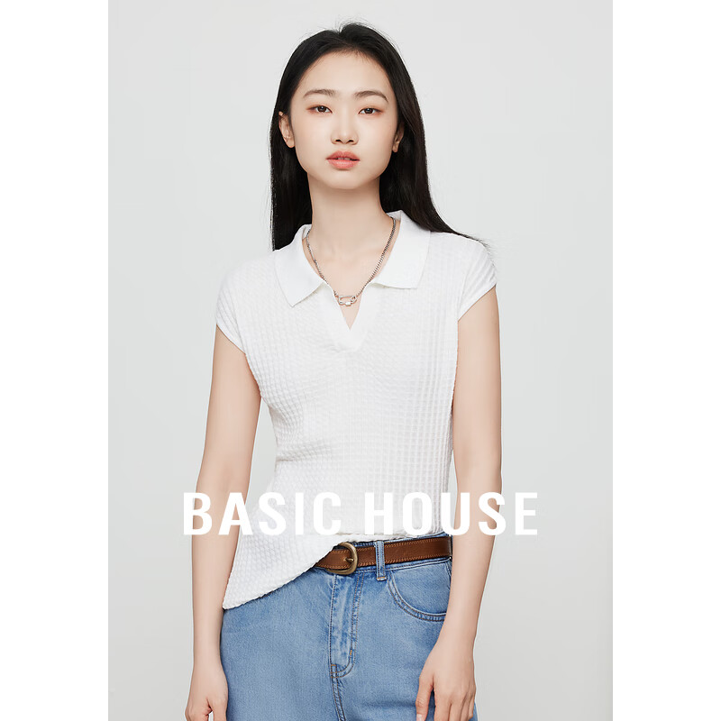 百家好（Basic House）纯色polo领羊毛针织衫女套头春夏季修身打底衫B0624H5M422 珍珠白 S