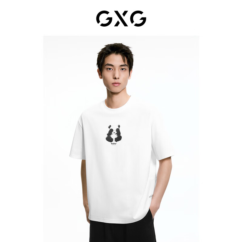 GXG男装 多色熊猫图案简约休闲圆领短袖T恤男生上衣 24夏 白色 170/M