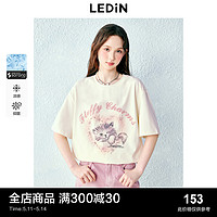 LEDIN 樂町 甜美浪漫貓咪圖案字母暈染印花短袖2024夏季新款寬松大版T恤