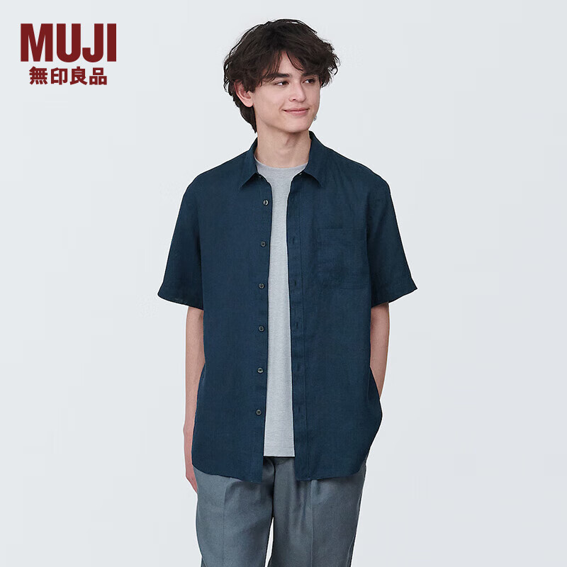 无印良品（MUJI） 男式 麻 短袖衬衫 男士衬衣外套 AC9ABA4S 藏青色 L(175/100A)