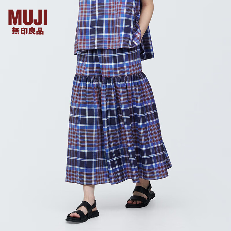 无印良品（MUJI）女式 马德拉斯格纹 宽摆裙 长半身裙女夏款裙子 BE1R2A4S 紫色格纹 XL (165/74A)