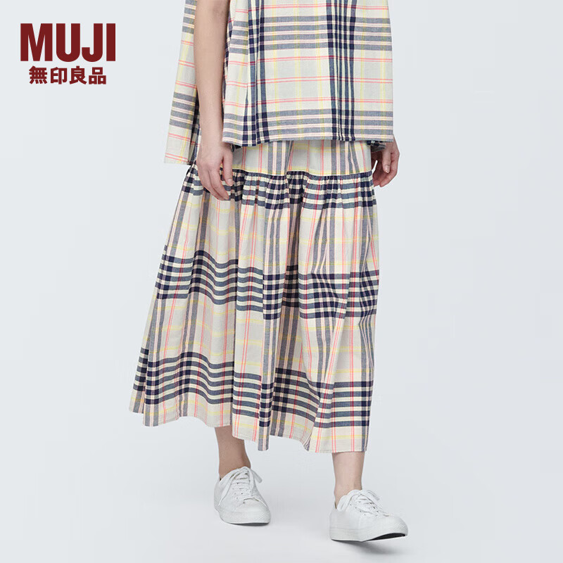 无印良品（MUJI）女式 马德拉斯格纹 宽摆裙 长半身裙女夏款裙子 BE1R2A4S 象牙色格纹 S (155/62A)