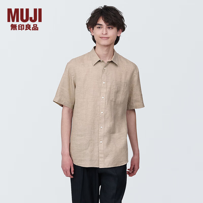 无印良品（MUJI） 男式 麻 短袖衬衫 男士衬衣外套 AC9ABA4S 原色 XL(180/104A)