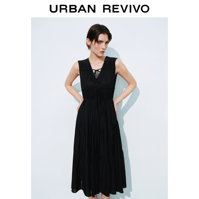 UR2024夏季女装复古浪漫褶皱层叠V领系带连衣裙UWH740058 正黑 S