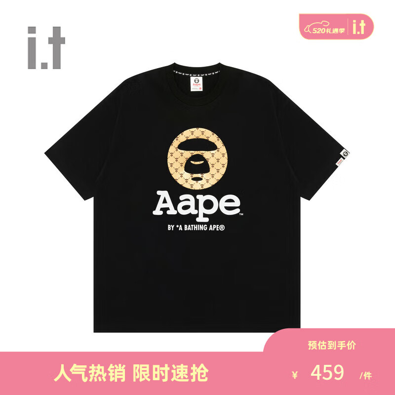 Aape it 男装春夏烫金老花猿颜印花潮流休闲短袖T恤1446XXM BKX/黑色 XL