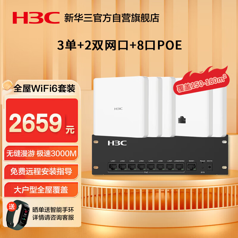 华三（H3C）全屋wifi套装 2个双网口+3单网口ap面板+8口POE管理器 5G分布式企业级千兆无线网络覆盖大户型