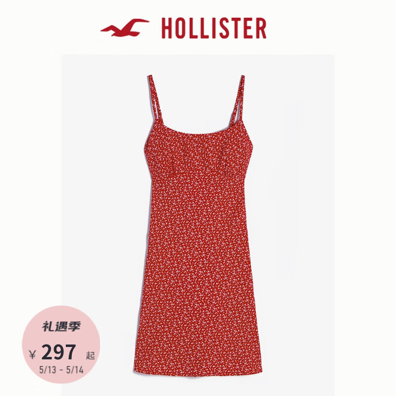 HOLLISTER24夏季甜辣度假风印花露背吊带连衣裙女 KI359-4180 深红色图案 XS (160/84A)标准版