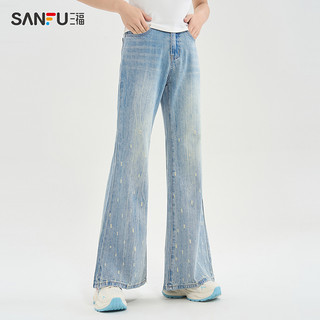 SANFU 三福 牛仔裤2024新款夏季高腰喇叭裤时尚复古浅色长裤子女装485970