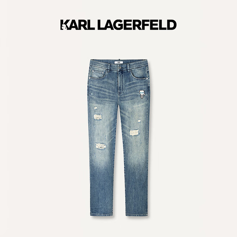 Karl Lagerfeld卡尔拉格斐轻奢老佛爷男装 2024夏款KARL钉珠破洞牛仔裤 蓝色 31