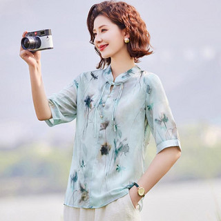 福玛玛 新中式立领盘扣设计夏季清凉女装短袖衬衫