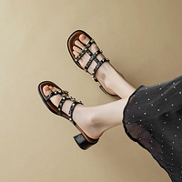 Marie Claire 嘉人 铆钉粗跟中跟罗马凉拖鞋2024夏季新款百搭粗跟英伦风时装拖鞋
