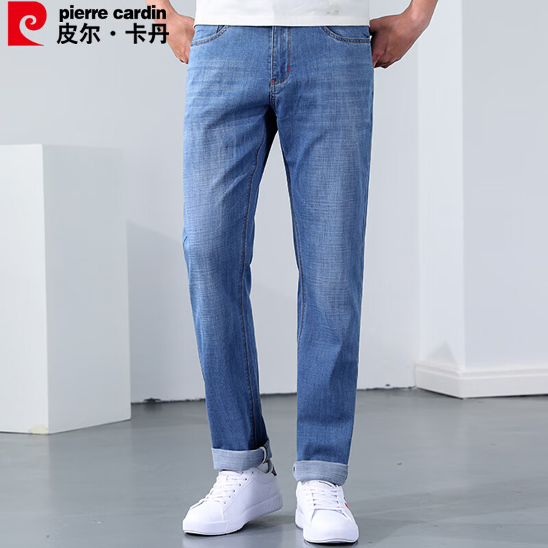 皮尔·卡丹 皮尔卡丹牛仔裤男夏季修身弹力时尚商务休闲直筒裤子男浅蓝色3